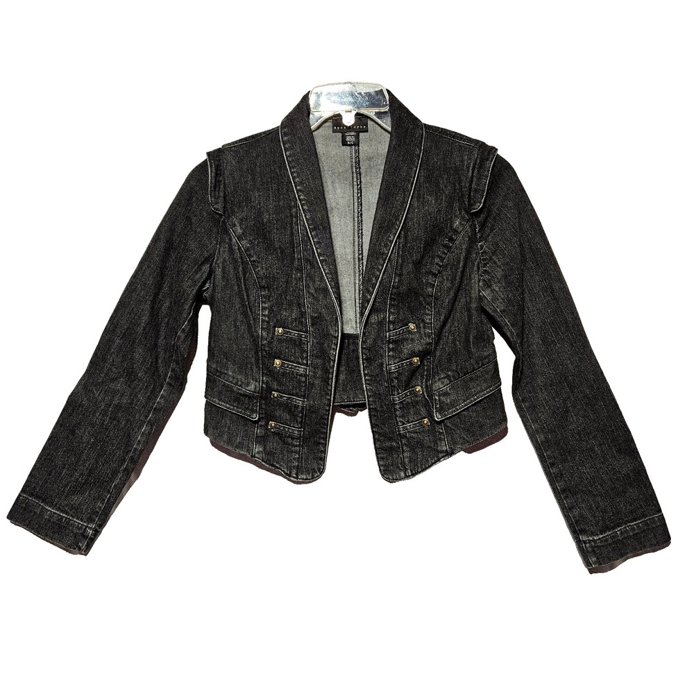 Vtg‎ Apostrophe Black Denim Open Cropped Jacket SMALL Whimsigoth Goth Steampunk